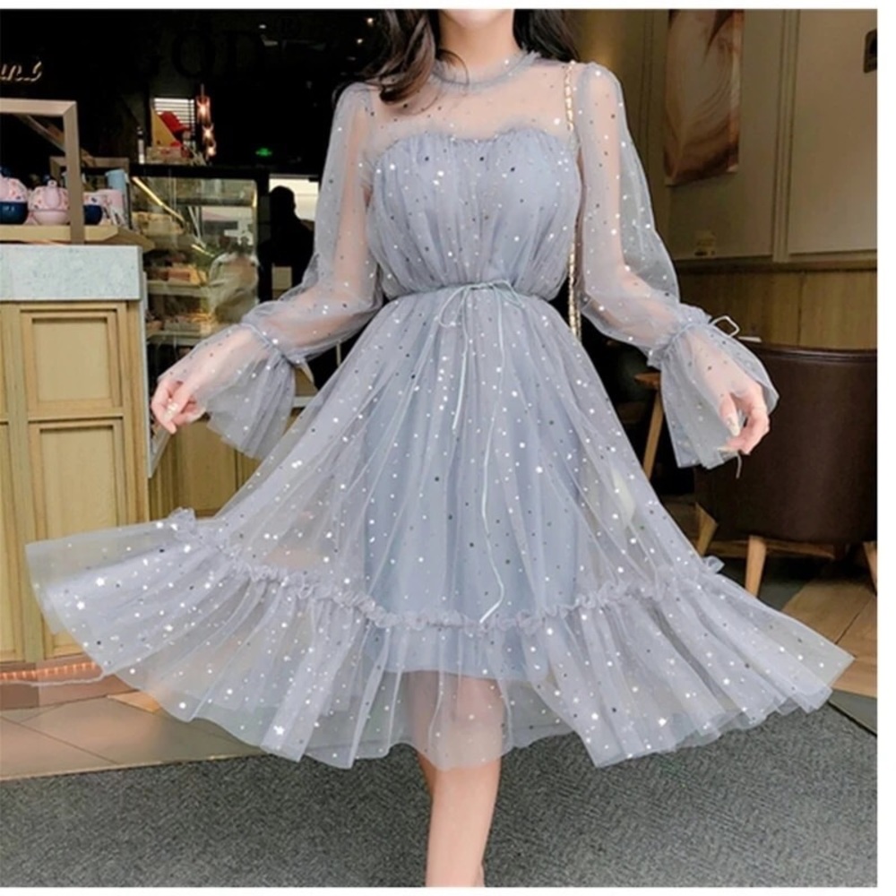 Dress fairy mesh Ruffle pastel peacock blue sequin stars moon - Picture 2 of 8